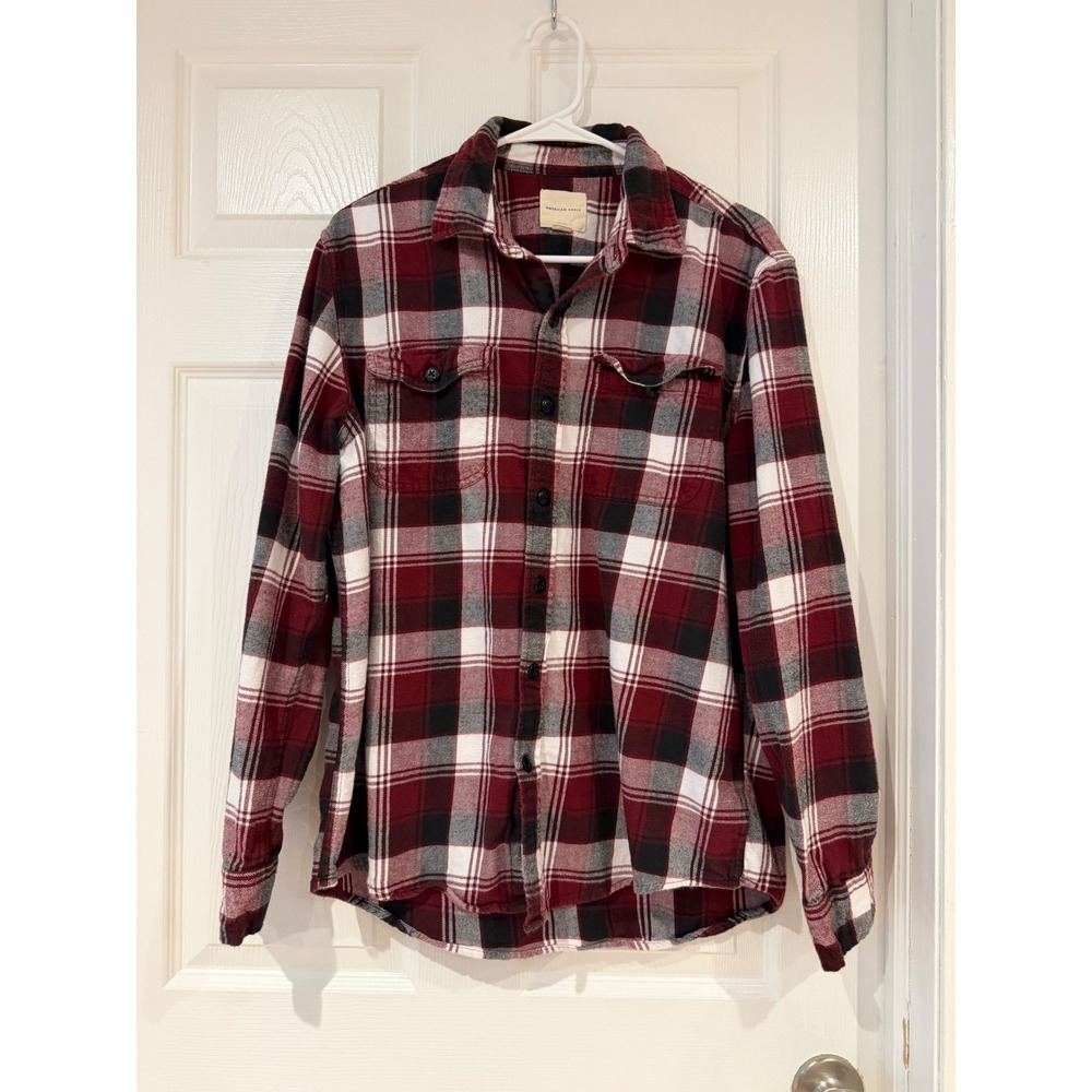 American Eagle Mens Large Red Black White Plaid Flannel Button Down Shirt Fall